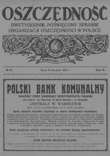 Oszczędność : dwutygodnik poświęcony sprawie organizacji oszczędności w Polsce. 1927, nr 15