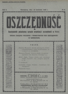 Oszczędność : dwutygodnik poświęcony sprawie organizacji oszczędności w Polsce : organ Związku Miejskich i Powiatowych Kas Oszczędności w Warszawie. 1930, nr 8