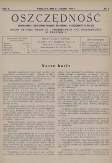 Oszczędność : dwutygodnik poświęcony sprawie organizacji oszczędności w Polsce : organ Związku Miejskich i Powiatowych Kas Oszczędności w Warszawie. 1933, nr 2