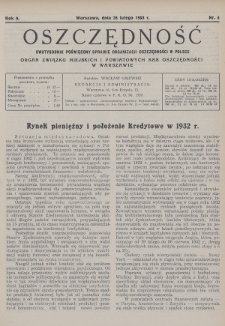 Oszczędność : dwutygodnik poświęcony sprawie organizacji oszczędności w Polsce : organ Związku Miejskich i Powiatowych Kas Oszczędności w Warszawie. 1933, nr 4