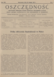 Oszczędność : dwutygodnik poświęcony sprawie organizacji oszczędności w Polsce : organ Związku Komunalnych Kas Oszczędności w Warszawie. 1937, nr 4