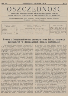 Oszczędność : dwutygodnik poświęcony sprawie organizacji oszczędności w Polsce : organ Związku Komunalnych Kas Oszczędności w Warszawie. 1937, nr 17