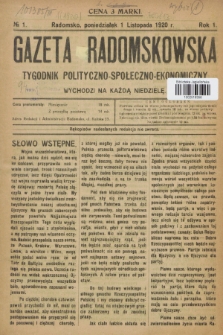 Gazeta Radomskowska : tygodnik polityczno-społeczno-ekonomiczny. R.1, № 1 (1 listopada 1920)