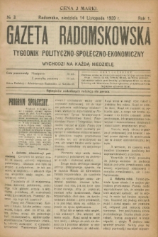 Gazeta Radomskowska : tygodnik polityczno-społeczno-ekonomiczny. R.1, № 3 (14 listopada 1920)