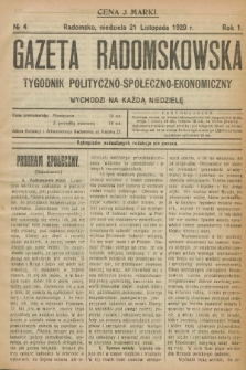 Gazeta Radomskowska : tygodnik polityczno-społeczno-ekonomiczny. R.1, № 4 (21 listopada 1920)