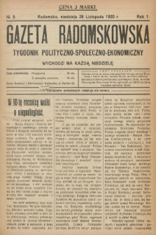 Gazeta Radomskowska : tygodnik polityczno-społeczno-ekonomiczny. R.1, № 5 (28 listopada 1920)