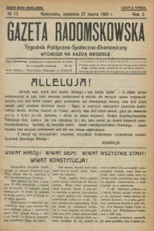 Gazeta Radomskowska : tygodnik polityczno-społeczno-ekonomiczny. R.2, № 13 (27 marca 1921)
