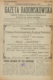 Gazeta Radomskowska : tygodnik polityczno-społeczno-ekonomiczny. R.2, № 45 (6 listopada 1921)