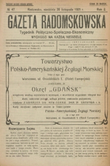 Gazeta Radomskowska : tygodnik polityczno-społeczno-ekonomiczny. R.2, № 47 (20 listopada 1921)