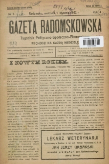 Gazeta Radomskowska : tygodnik polityczno-społeczno-ekonomiczny. R.3, № 1 (1 stycznia 1922)