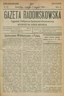 Gazeta Radomskowska : tygodnik polityczno-społeczno-ekonomiczny. R.3, № 14 (2 kwietnia 1922)