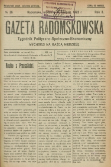 Gazeta Radomskowska : tygodnik polityczno-społeczno-ekonomiczny. R.3, № 36 (27 sierpnia 1922)