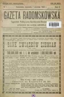 Gazeta Radomskowska : tygodnik polityczno-społeczno-ekonomiczny. R.4, № 1 (7 stycznia 1923)