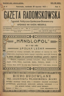 Gazeta Radomskowska : tygodnik polityczno-społeczno-ekonomiczny. R.4, № 4 (28 stycznia 1923)