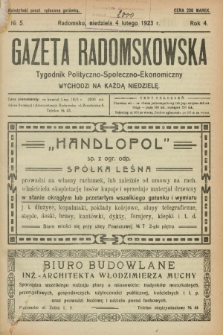 Gazeta Radomskowska : tygodnik polityczno-społeczno-ekonomiczny. R.4, № 5 (4 lutego 1923)
