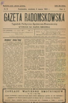 Gazeta Radomskowska : tygodnik polityczno-społeczno-ekonomiczny. R.4, № 9 (4 marca 1923)