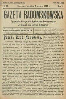 Gazeta Radomskowska : tygodnik polityczno-społeczno-ekonomiczny. R.4, № 22 (3 czerwca 1923)