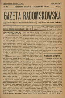 Gazeta Radomskowska : tygodnik polityczno-społeczno-ekonomiczny. R.4, № 40 (7 października 1923)
