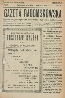 Gazeta Radomskowska : tygodnik polityczno-społeczno-ekonomiczny. R.5, № 27 (29 czerwca 1924)