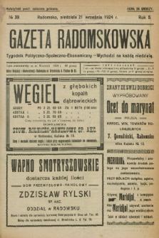 Gazeta Radomskowska : tygodnik polityczno-społeczno-ekonomiczny. R.5, № 39 (21 września 1924)