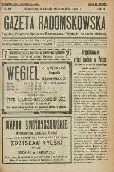 Gazeta Radomskowska : tygodnik polityczno-społeczno-ekonomiczny. R.5, № 40 (28 września 1924)
