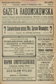 Gazeta Radomskowska : tygodnik polityczno-społeczno-ekonomiczny. R.5, № 41 (5 października 1924)