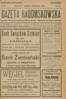 Gazeta Radomskowska : tygodnik polityczno-społeczno-ekonomiczny. R.5, № 51 (14 grudnia 1924)
