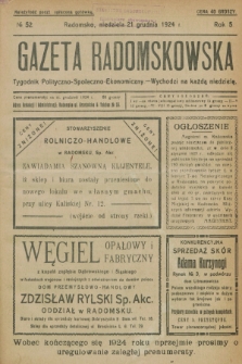 Gazeta Radomskowska : tygodnik polityczno-społeczno-ekonomiczny. R.5, № 52 (21 grudnia 1924)