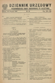 Dziennik Urzędowy Wojewódzkiej Rady Narodowej w Olsztynie. 1951, nr 16 (20 sierpnia)
