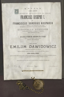 Dyplom doktorski Uniwersytetu Jagiellońskiego z dziedziny medycyny dla Emila Dawidowicza