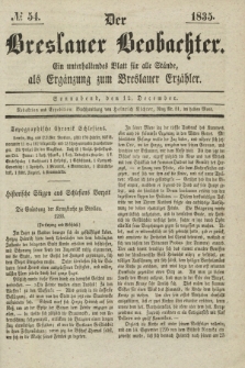 Der Breslauer Beobachter. Ein unterhaltendes Blatt für alle Stände, als Ergänzung zum Breslauer Erzähler. [Jg.1], № 54 (12 Dezember 1835)