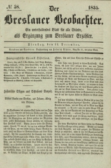 Der Breslauer Beobachter. Ein unterhaltendes Blatt für alle Stände, als Ergänzung zum Breslauer Erzähler. [Jg.1], № 58 (22 Dezember 1835)