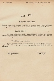 [Kadencja IX, sesja I, al. 1187] Alegata do Sprawozdań Stenograficznych z Pierwszej Sesyi Dziewiątego Peryodu Sejmu Krajowego Królestwa Galicyi i Lodomeryi z Wielkiem Księstwem Krakowskiem z roku 1913. Alegat 1187