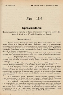 [Kadencja IX, sesja I, al. 1233] Alegata do Sprawozdań Stenograficznych z Pierwszej Sesyi Dziewiątego Peryodu Sejmu Krajowego Królestwa Galicyi i Lodomeryi z Wielkiem Księstwem Krakowskiem z roku 1913. Alegat 1233