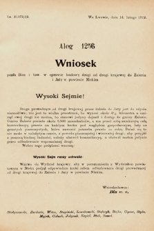 [Kadencja IX, sesja I, al. 1256] Alegata do Sprawozdań Stenograficznych z Pierwszej Sesyi Dziewiątego Peryodu Sejmu Krajowego Królestwa Galicyi i Lodomeryi z Wielkiem Księstwem Krakowskiem z roku 1913. Alegat 1256