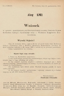 [Kadencja IX, sesja I, al. 1262] Alegata do Sprawozdań Stenograficznych z Pierwszej Sesyi Dziewiątego Peryodu Sejmu Krajowego Królestwa Galicyi i Lodomeryi z Wielkiem Księstwem Krakowskiem z roku 1913. Alegat 1262