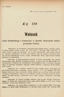 [Kadencja IX, sesja I, al. 1289] Alegata do Sprawozdań Stenograficznych z Pierwszej Sesyi Dziewiątego Peryodu Sejmu Krajowego Królestwa Galicyi i Lodomeryi z Wielkiem Księstwem Krakowskiem z roku 1913. Alegat 1289