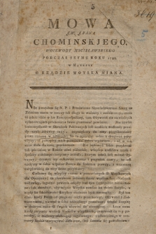 Mowa J.W. J. Pana Chominskjego, Woiewody Mscisławskiego podczas Seymu Roku 1788. w Materyi o Rządzie Woyska Miana