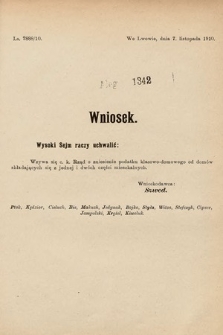 [Kadencja IX, sesja I, al. 1342] Alegata do Sprawozdań Stenograficznych z Pierwszej Sesyi Dziewiątego Peryodu Sejmu Krajowego Królestwa Galicyi i Lodomeryi z Wielkiem Księstwem Krakowskiem z roku 1913. Alegat 1342