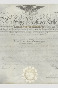 Dokument cesarza Franciszka Józefa I dotyczący nadania hrabiemu Antoniemu Halce Ledóchowskiemu krzyża kawalerskiego Orderu Leopolda