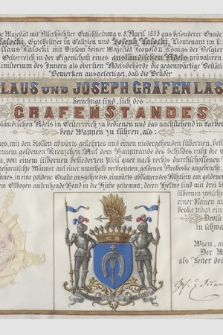 Dokument cesarza Franciszka Józefa I potwierdzający tytuły hrabiowskie braci Czesława i Józefa Lasockich