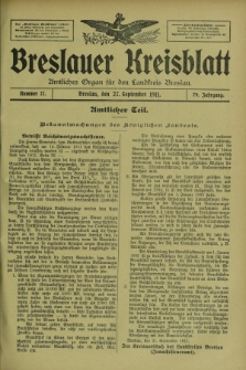 Breslauer Kreisblatt : amtliches Organ für den Landkreis Breslau. Jg.79, nr 77 (27 September 1911) + dod.
