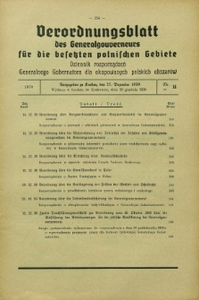 Verordnungsblatt des Generalgouverneurs für die besetzten polnischen Gebiete = Dziennik Rozporządzeń Generalnego Gubernatora dla okupowanych polskich obszarów. 1939, Nr. 14 (23 Dezember) + wkładka