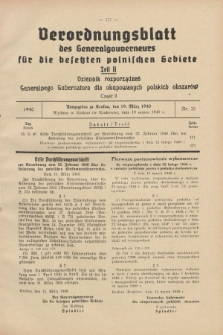 Verordnungsblatt des Generalgouverneurs für die besetzten polnischen Gebiete = Dziennik Rozporządzeń Generalnego Gubernatora dla okupowanych polskich obszarów. 1940, Teil = Cz.2, Nr. 20 (19 März)