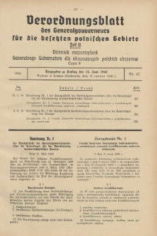 Verordnungsblatt des Generalgouverneurs für die besetzten polnischen Gebiete = Dziennik Rozporządzeń Generalnego Gubernatora dla okupowanych polskich obszarów. 1940, Teil = Cz.2, Nr. 42 (14 Juni)