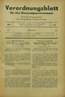 Verordnungsblatt für das Generalgouvernement = Dziennik Rozporządzeń dla Generalnego Gubernatorstwa. 1941, Nr. 6 (24 Februar) + zał.