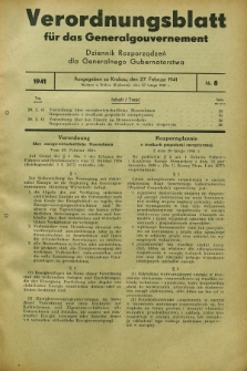 Verordnungsblatt für das Generalgouvernement = Dziennik Rozporządzeń dla Generalnego Gubernatorstwa. 1941, Nr. 8 (27 Februar)
