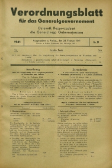 Verordnungsblatt für das Generalgouvernement = Dziennik Rozporządzeń dla Generalnego Gubernatorstwa. 1941, Nr. 9 (28 Februar)