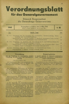Verordnungsblatt für das Generalgouvernement = Dziennik Rozporządzeń dla Generalnego Gubernatorstwa. 1941, Nr. 12 (5 März)