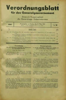 Verordnungsblatt für das Generalgouvernement = Dziennik Rozporządzeń dla Generalnego Gubernatorstwa. 1941, Nr. 14 (11 März)
